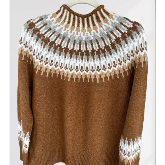🌴 CeCe Fair Isle Chestnut Brown Funnel Neck Sweater, Size Small - Picture 3 of 6